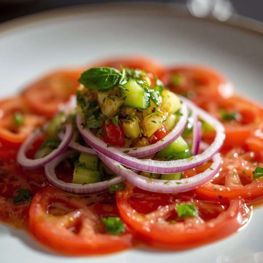 Tomato Carpaccio with Cucumber Salsa and Marinated Onions Recipe