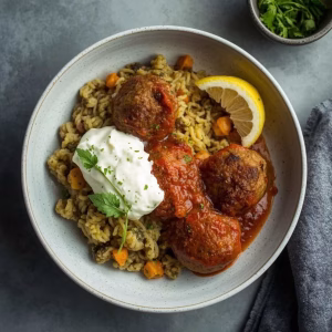 Harissa Meatballs with Fregola and Lemony Yogurt Recipe