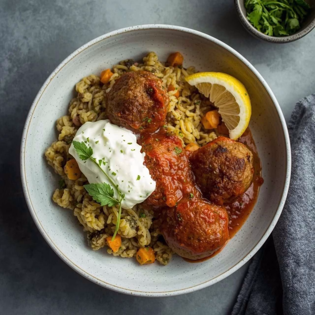 Harissa Meatballs with Fregola and Lemony Yogurt Recipe