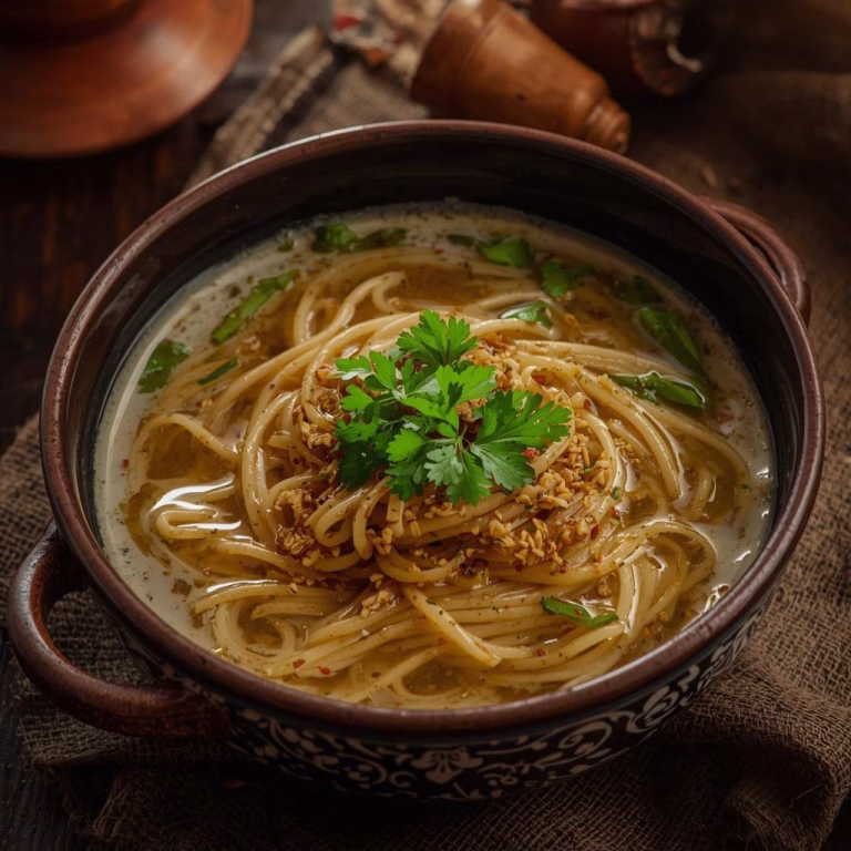 Afghan Noodle Soup with Hot Garlic Oil Recipe