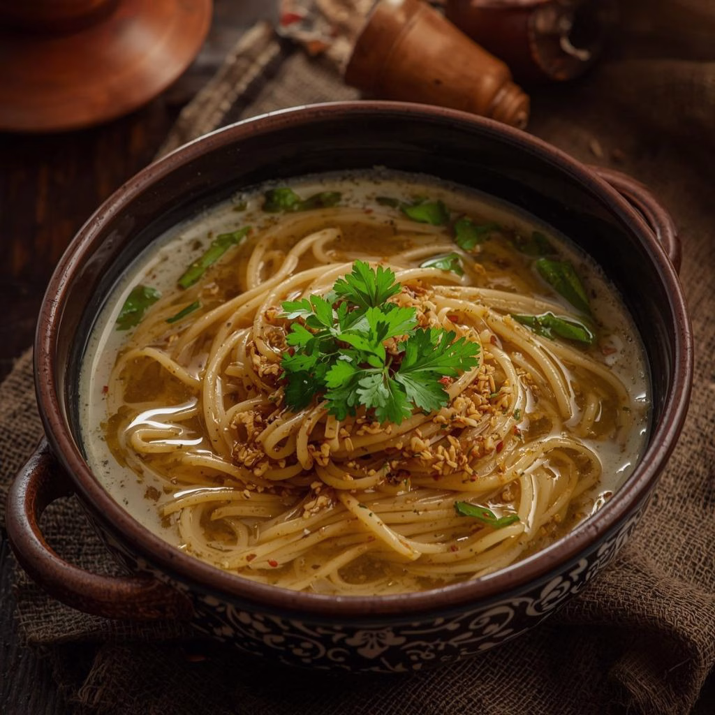 Afghan Noodle Soup with Hot Garlic Oil Recipe
