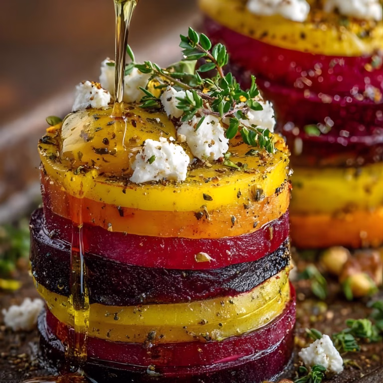Caramelized Beet and Pear Towers with Feta Snow Recipe