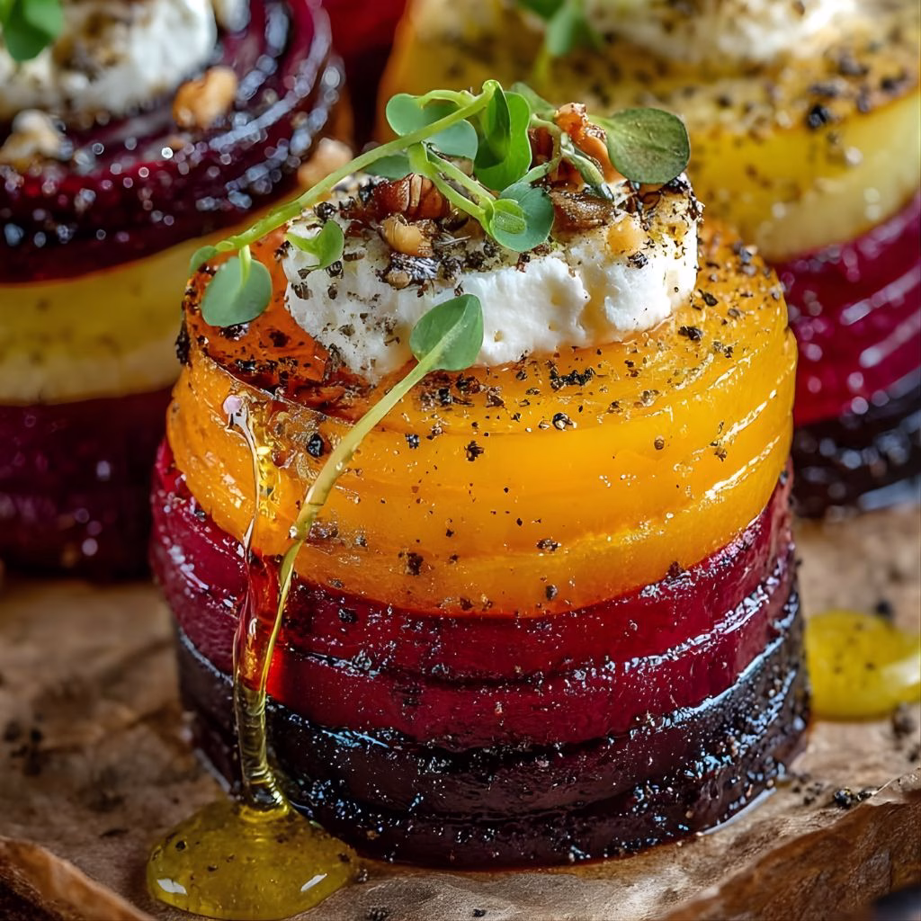 Caramelized Beet and Pear Towers with Feta Snow Recipe