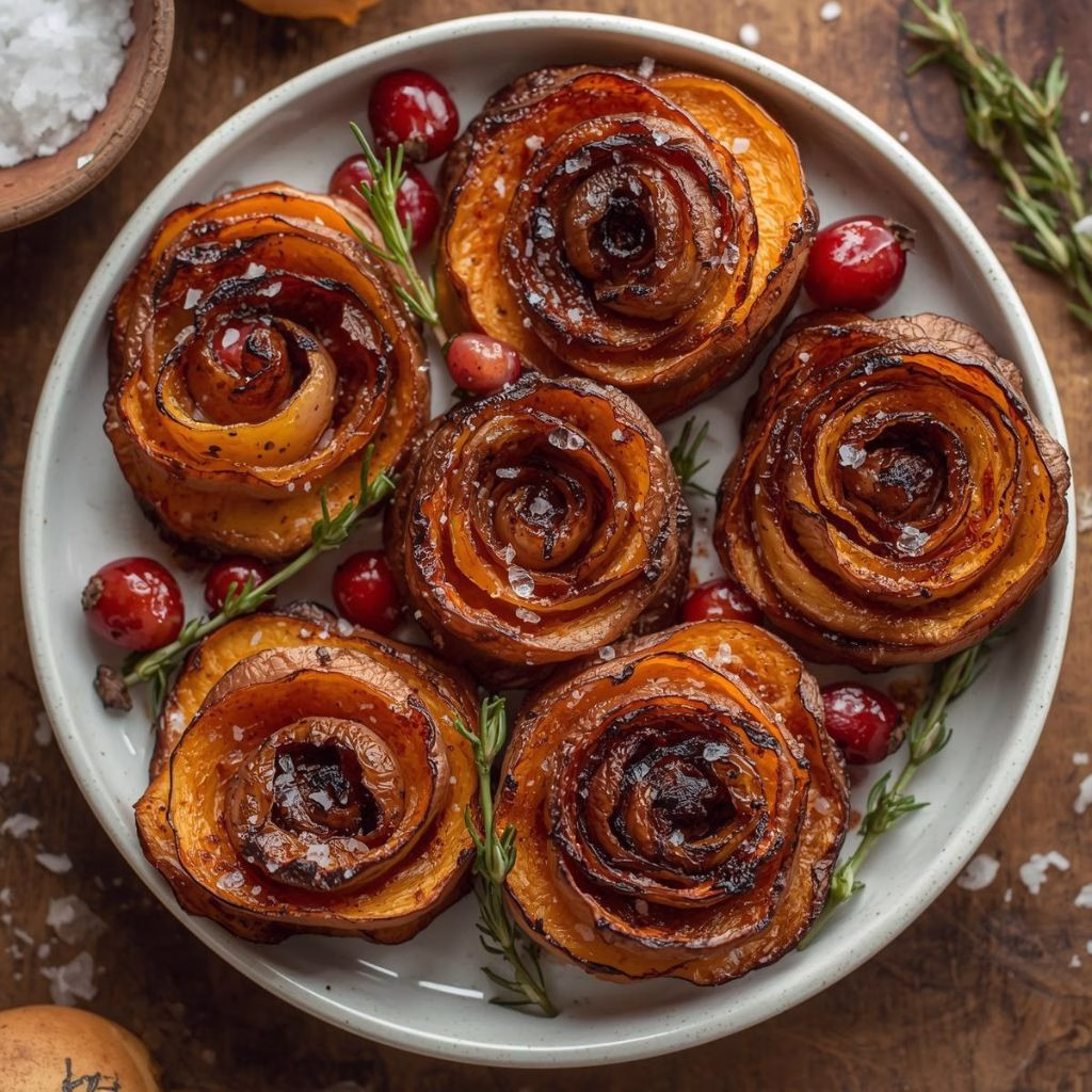 Cranberry-Glazed Sweet Potato Roses with Whipped Brie & Walnut Dust Recipe
