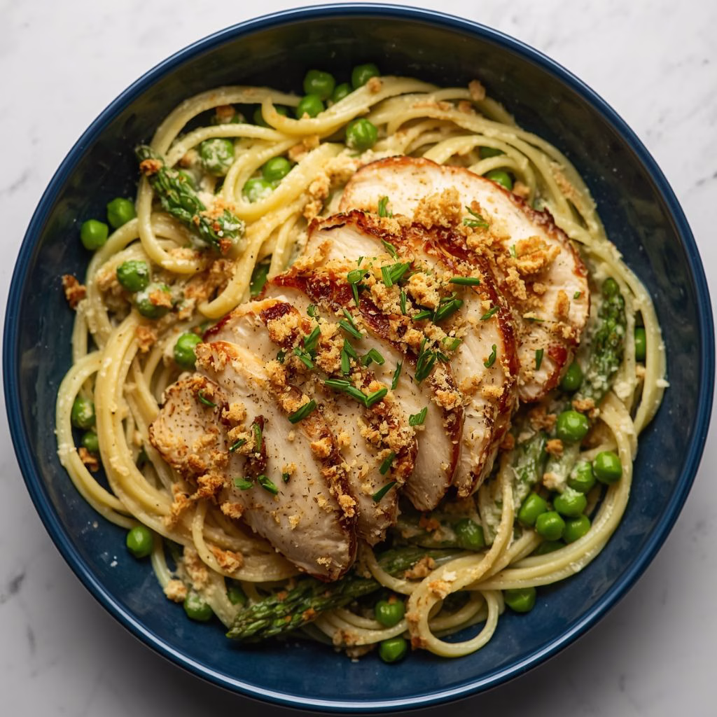 Creamy Garlic Bucatini with Peas And Asparagus Recipe