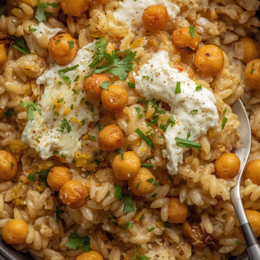 Creamy Lemon Ricotta Orzo with Garlic-Roasted Chickpeas Recipe