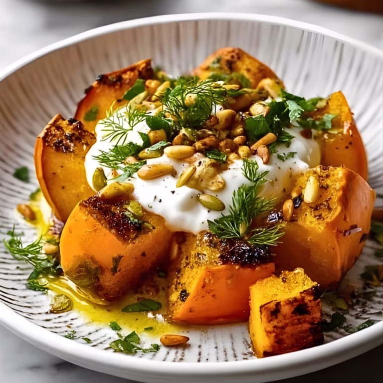 Golden Roasted Pumpkin with Yogurt Sauce and Pine Nuts Recipe