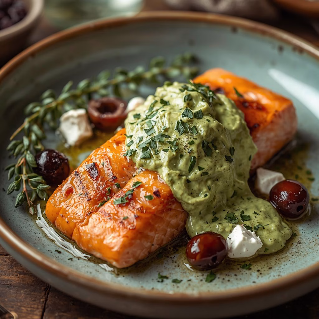 Greek Style Salmon with Avocado Tzatziki Recipe