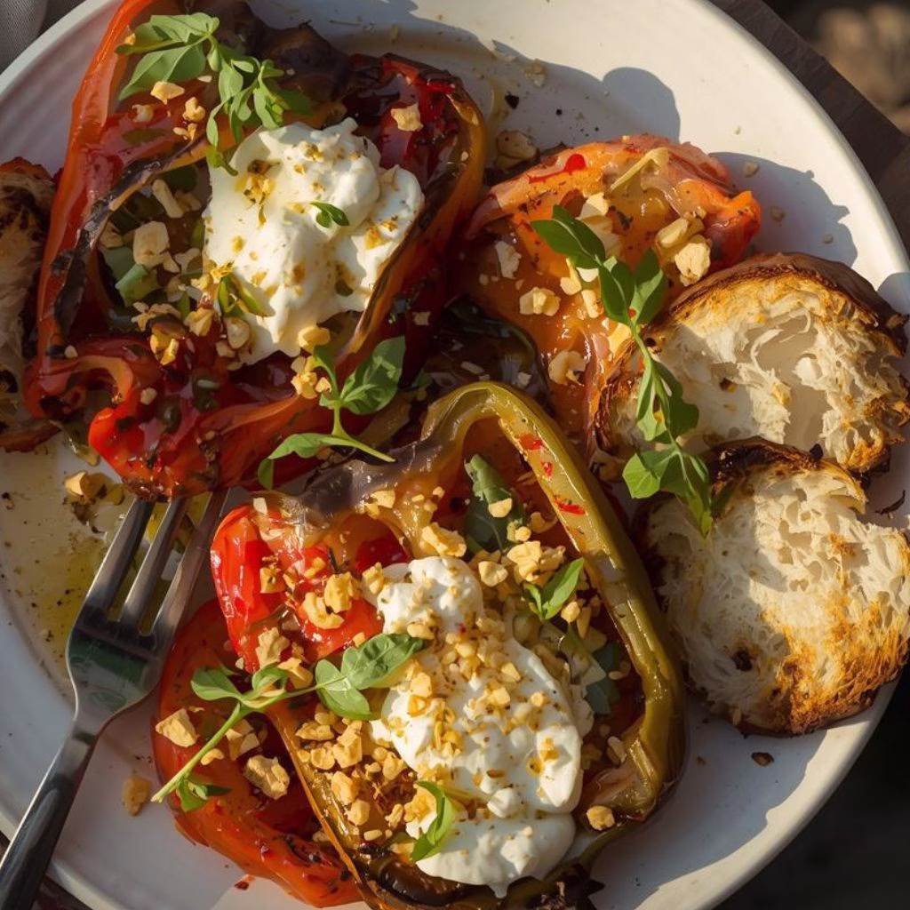 Grilled Marinated Peppers with Burrata and Breadcrumbs Recipe 