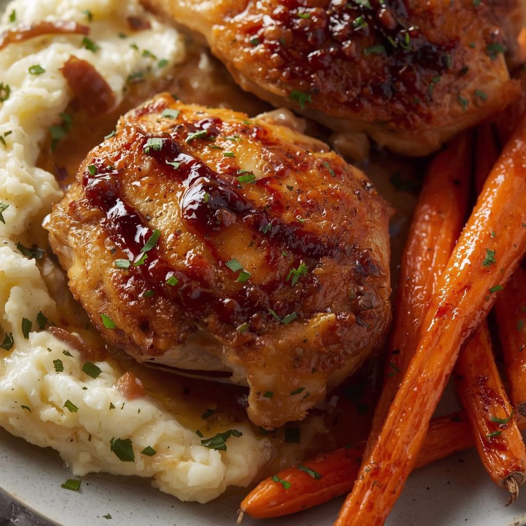 Honey Balsamic Chicken Thighs with Goat Cheese Mashed Potatoes and Roasted Carrots