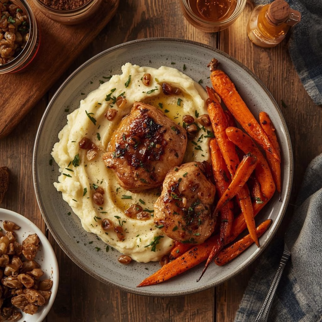 Honey Balsamic Chicken Thighs with Goat Cheese Mashed Potatoes and Roasted Carrots