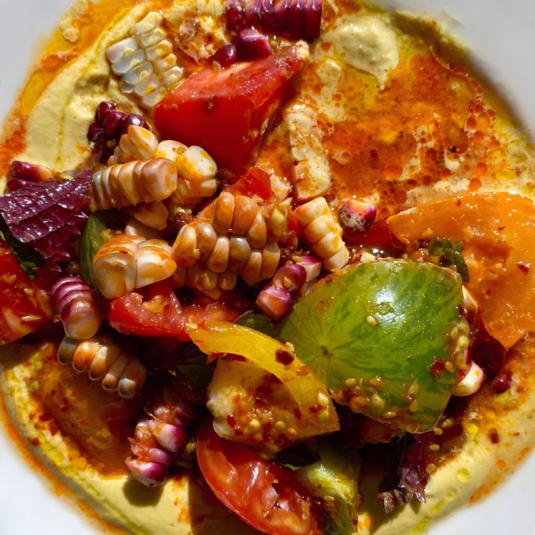 Chilli Oil Tomato Salad with Whipped Corn Dressing Recipe