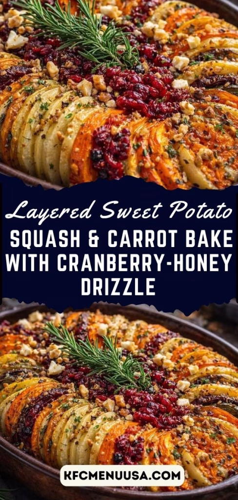 Layered Sweet Potato, Squash & Carrot Bake with Cranberry-Honey Drizzle