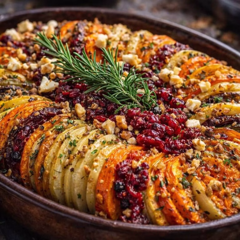 Layered Sweet Potato, Squash & Carrot Bake with Cranberry-Honey Drizzle