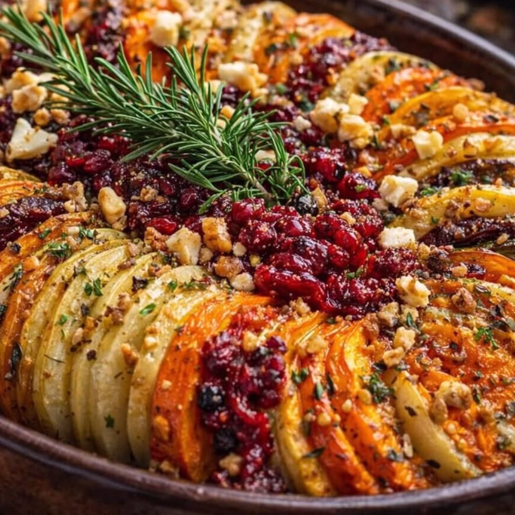 Layered Sweet Potato, Squash & Carrot Bake with Cranberry-Honey Drizzle