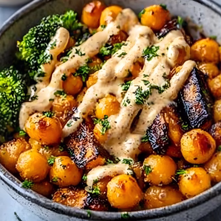 Roasted Veggie Chickpea Bowls with Maple Dijon Tahini Dressing Recipe