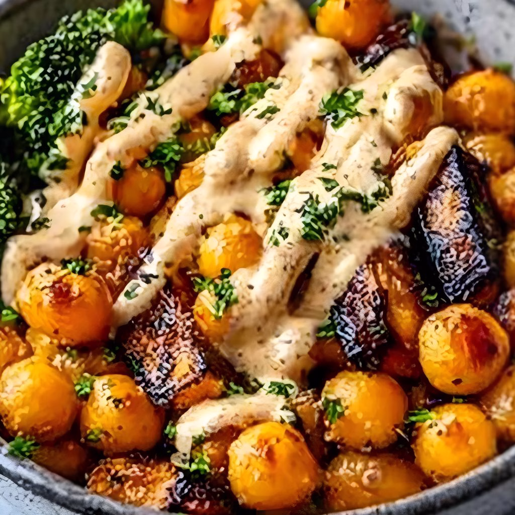 Roasted Veggie Chickpea Bowls with Maple Dijon Tahini Dressing Recipe
