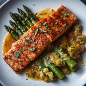 Spiced Salmon with Cheesy Asparagus & Garlic Herb Potatoes Recipe