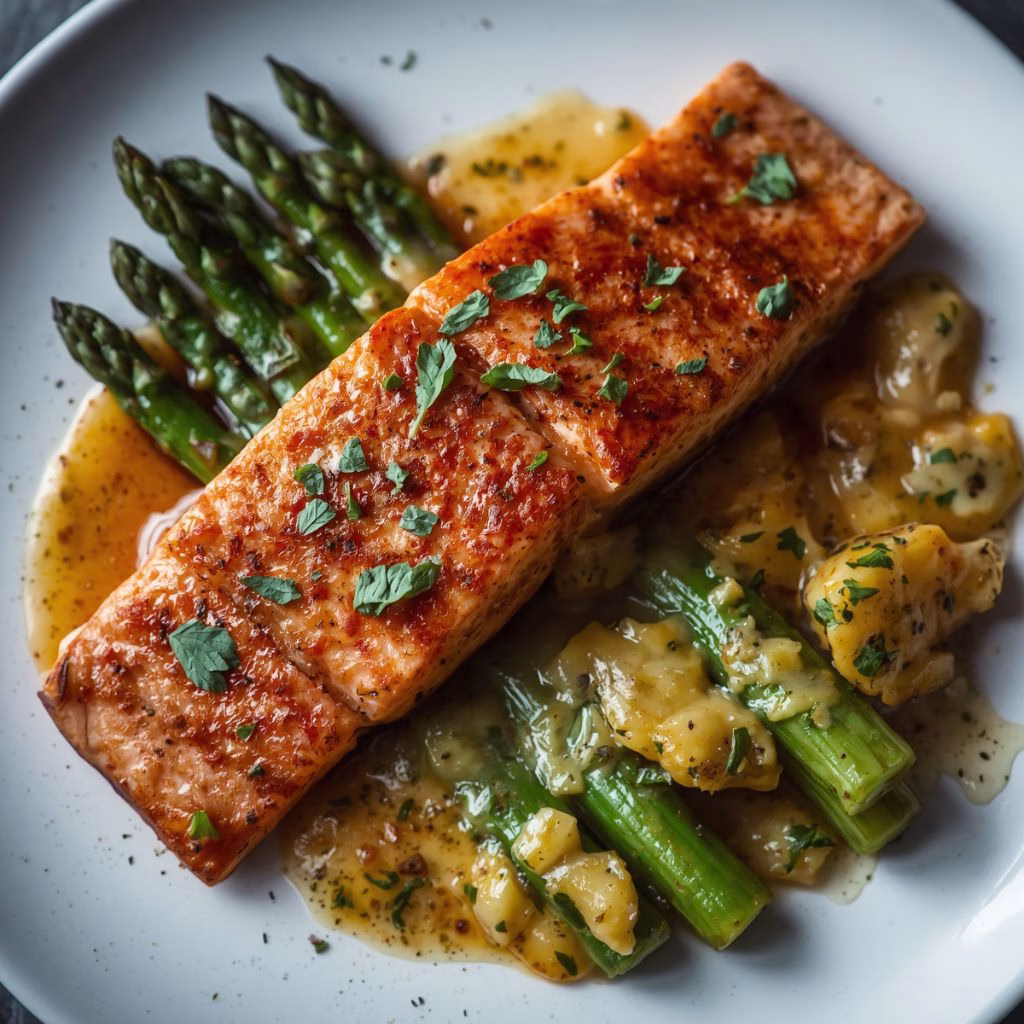 Spiced Salmon with Cheesy Asparagus & Garlic Herb Potatoes Recipe