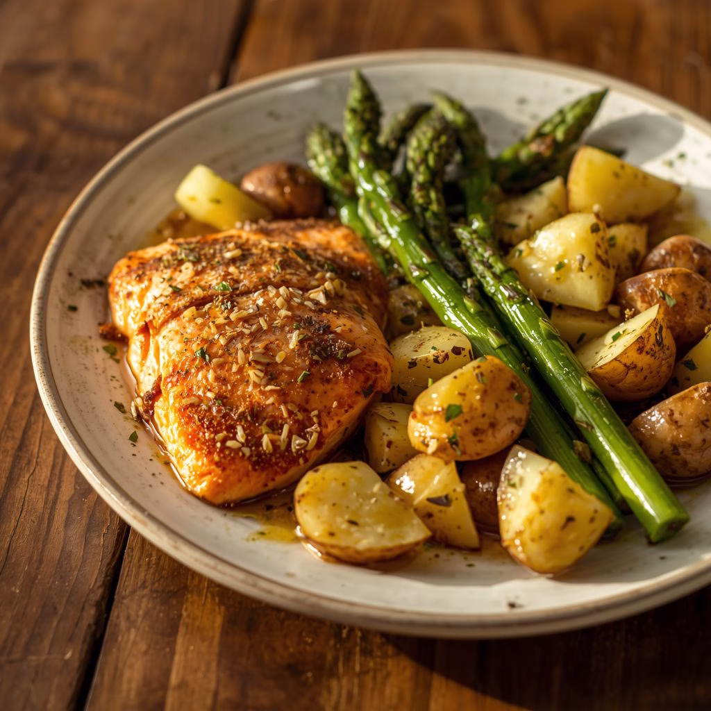 Spiced Salmon with Cheesy Asparagus & Garlic Herb Potatoes Recipe