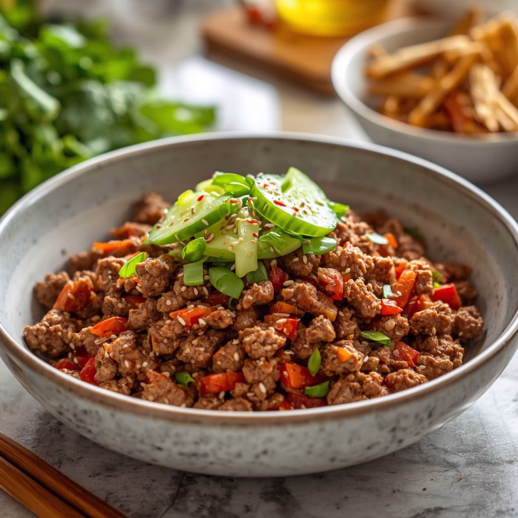 Spicy Korean Ground Beef with Cucumber Salad Recipe