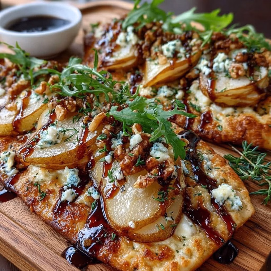 Thin-Crust Flatbread with Feta, Roasted Pears, and Honey Drizzle Recipe