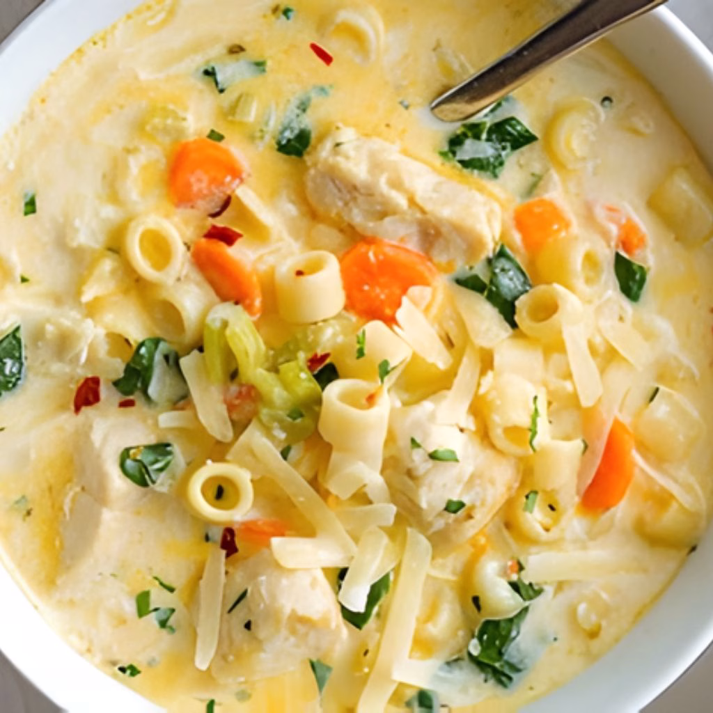 Creamy Chicken Soup with Pasta and Spinach Recipe