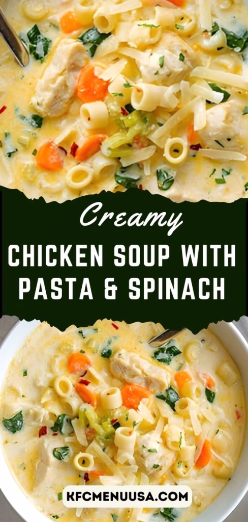 Creamy Chicken Soup with Pasta and Spinach Recipe