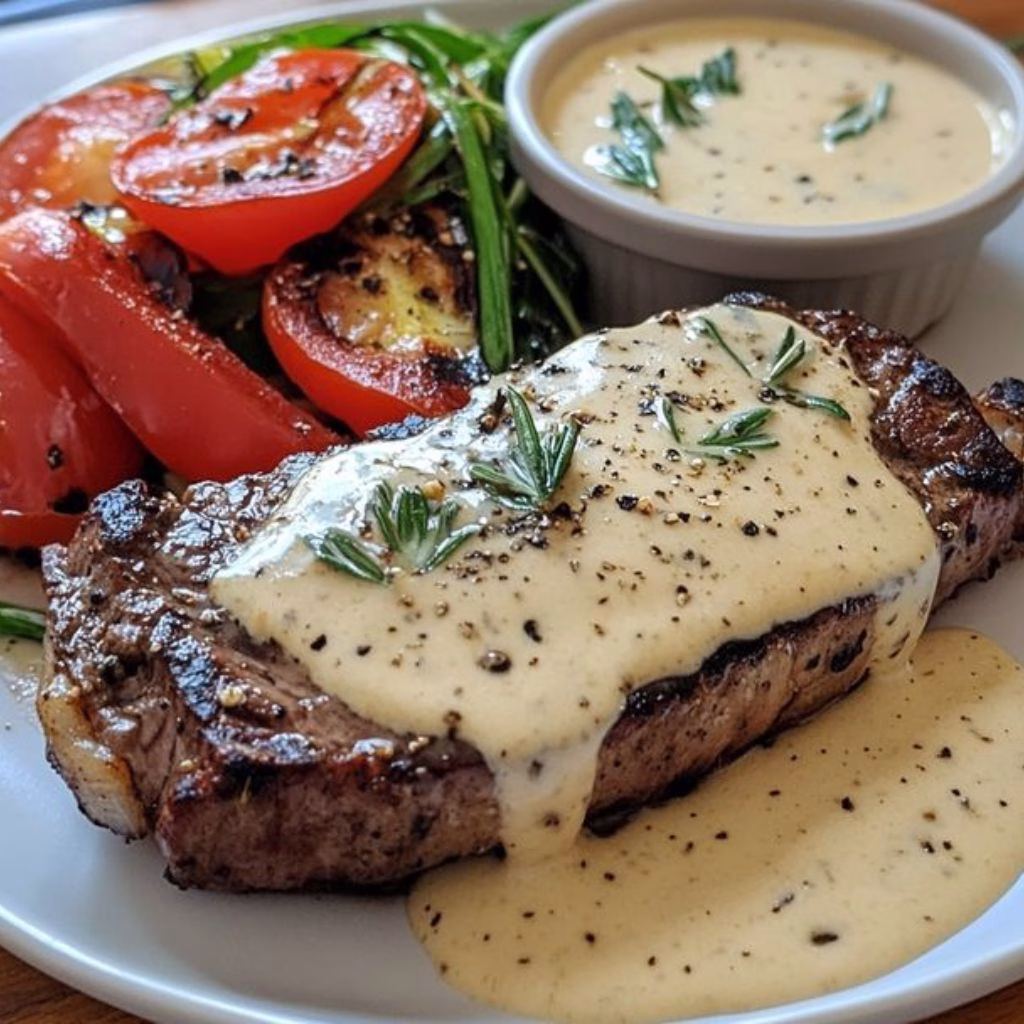 Steak with Creamy Mushroom Peppercorn Sauce Recipe