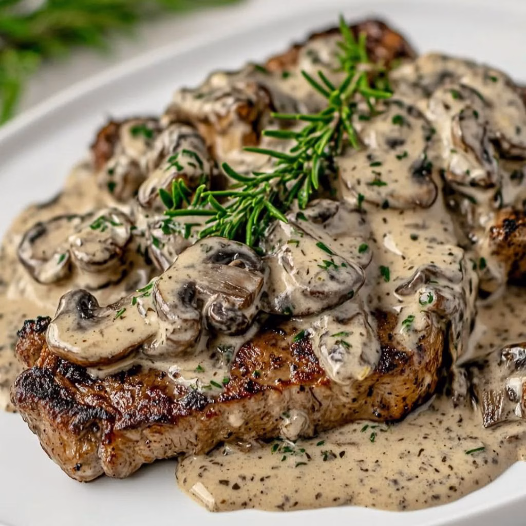 Steak with Creamy Mushroom Peppercorn Sauce Recipe