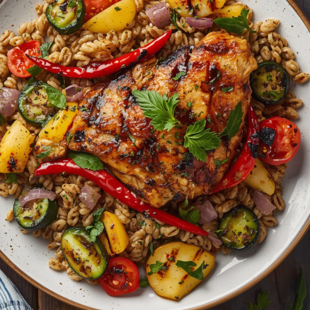 Balsamic Chicken Orzo with Grilled Veggies & Whipped Feta Recipe