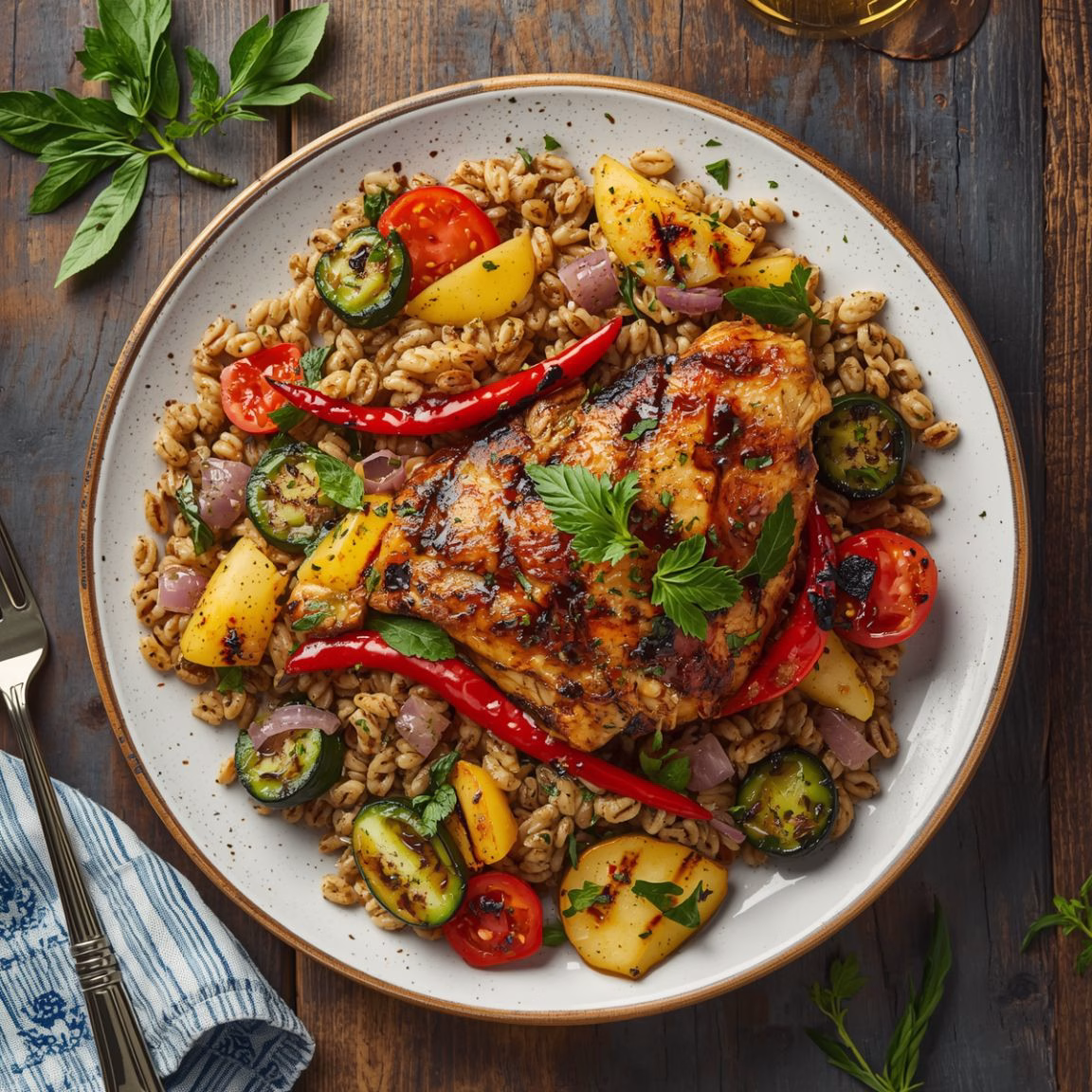 Balsamic Chicken Orzo with Grilled Veggies & Whipped Feta Recipe