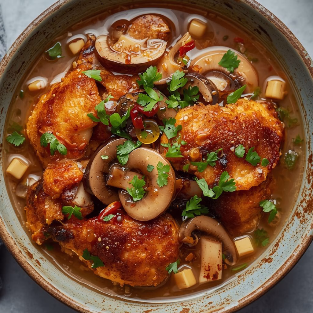 Crispy Chicken & Mushroom Bowl with Ginger Garlic Broth Recipe