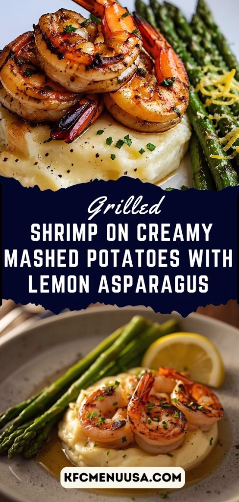 Grilled Shrimp on Creamy Mashed Potatoes with Lemon Asparagus Recipe