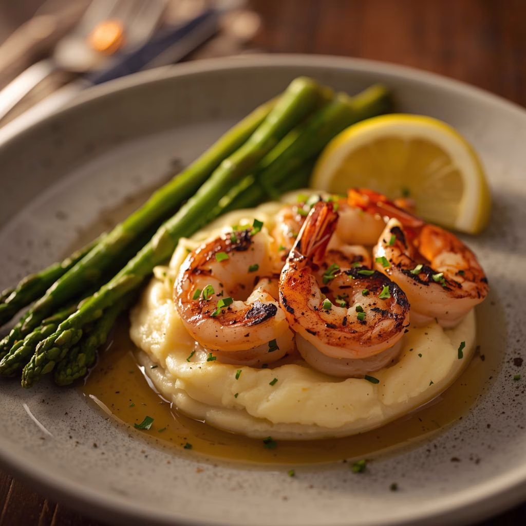 Grilled Shrimp on Creamy Mashed Potatoes with Lemon Asparagus Recipe
