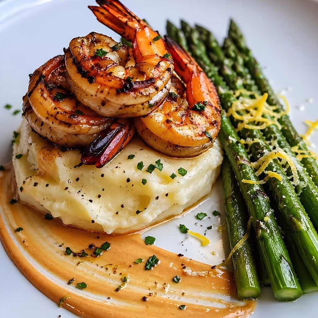 Grilled Shrimp on Creamy Mashed Potatoes with Lemon Asparagus Recipe