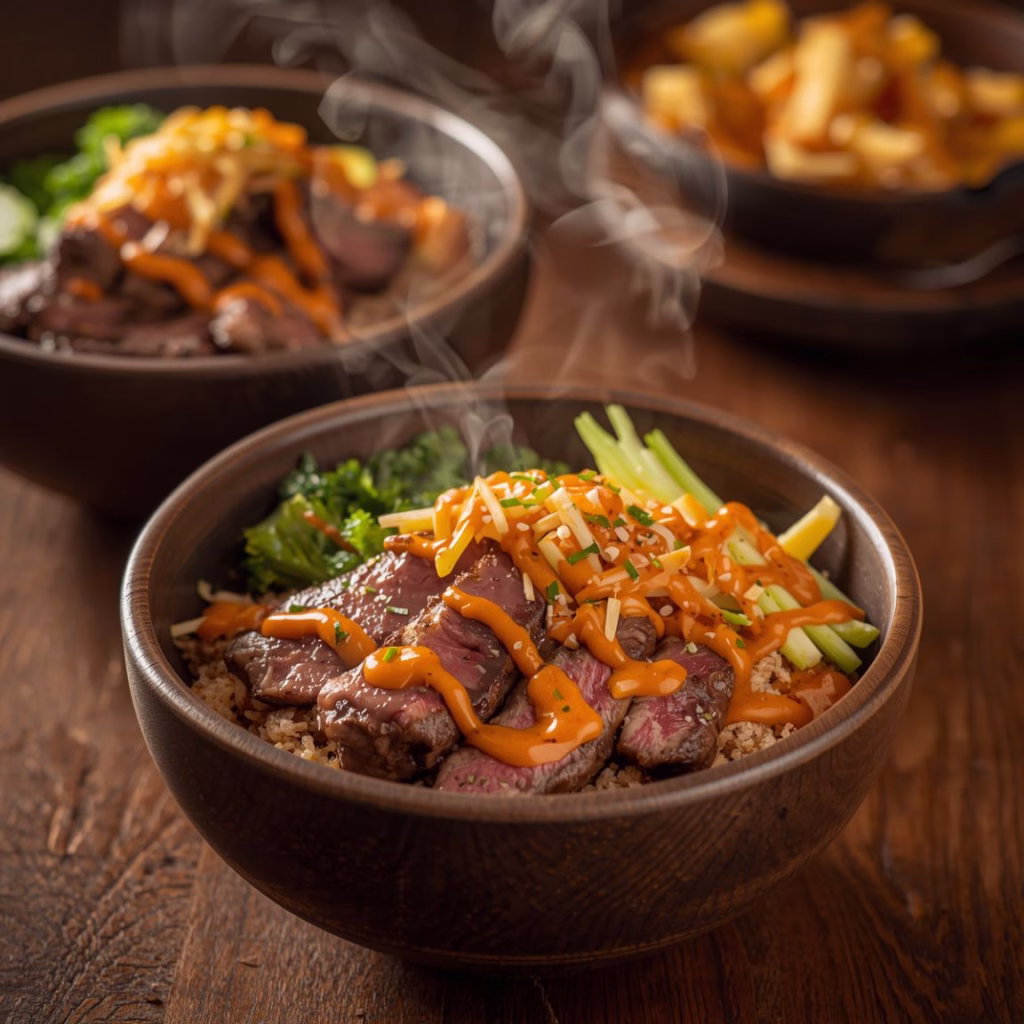 Savor Korean BBQ Steak Rice Bowls with Spicy Cream Sauce Recipe
