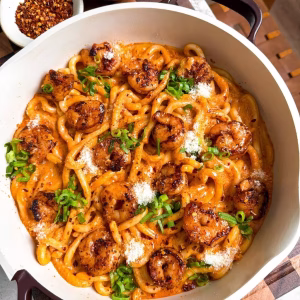 Spicy Gochujang Carbonara Udon with Shrimp Recipe