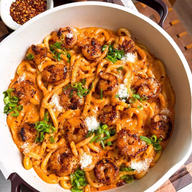 Spicy Gochujang Carbonara Udon with Shrimp Recipe