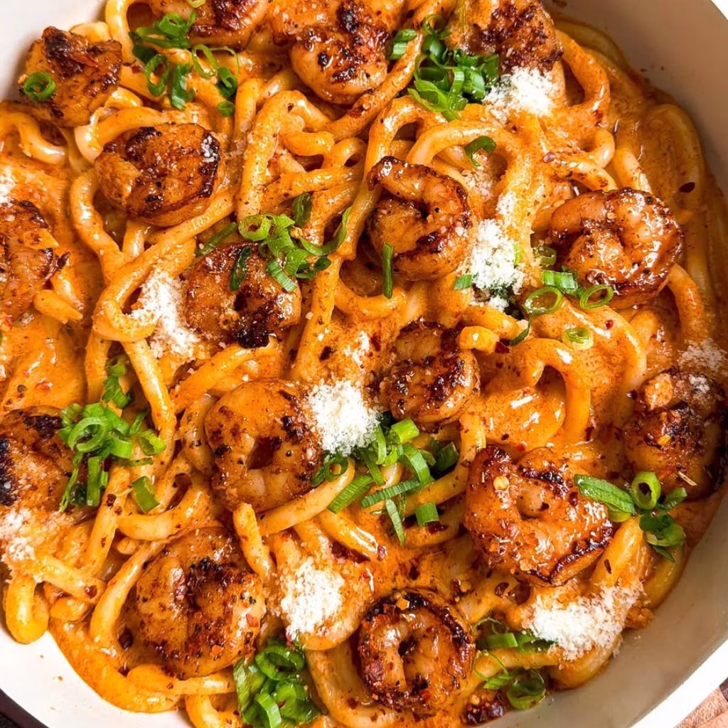 Spicy Gochujang Carbonara Udon with Shrimp Recipe