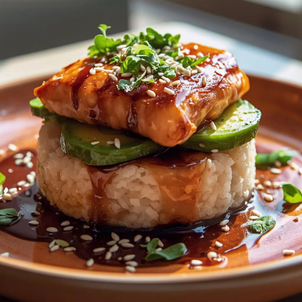Teriyaki Salmon Avocado Rice Stack Recipe