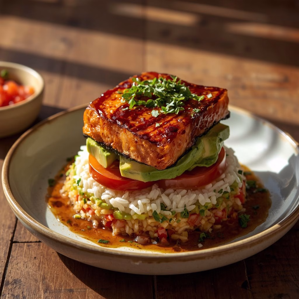 Teriyaki Salmon Avocado Rice Stack Recipe