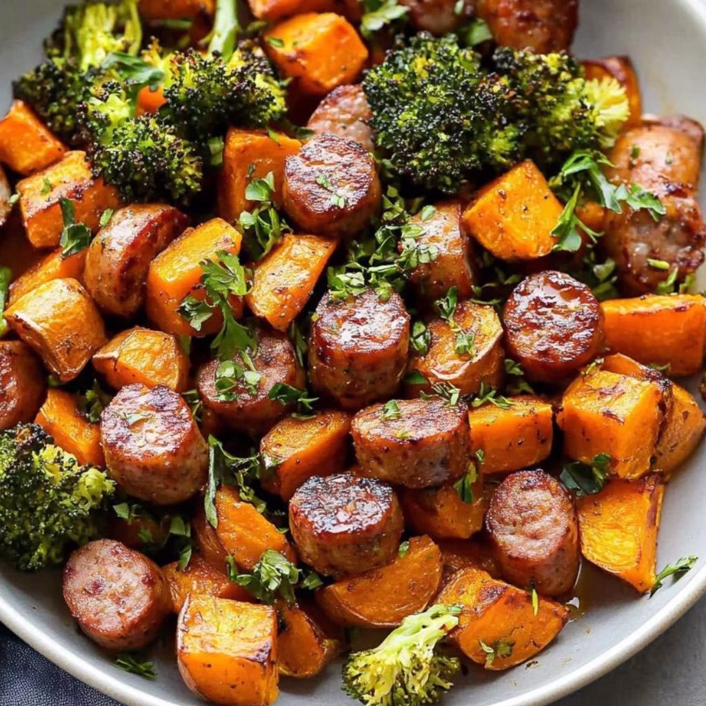 Sheet Pan Sausage and Sweet Potatoes with Honey Garlic Sauce