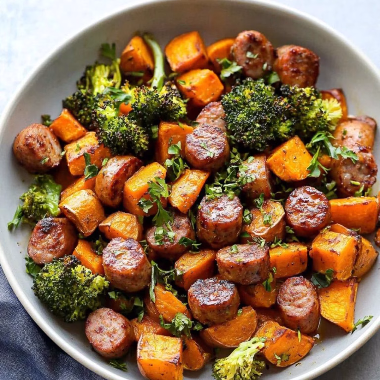 Sheet Pan Sausage and Sweet Potatoes with Honey Garlic Sauce