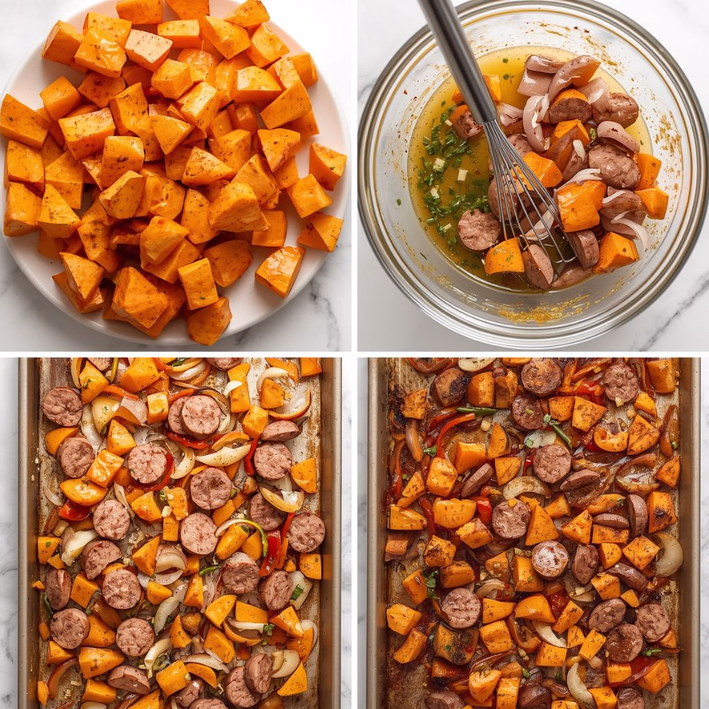 Sheet Pan Sausage and Sweet Potatoes with Honey Garlic Sauce