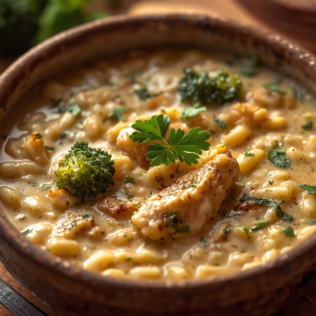 Broccoli Cheddar Soup Orzo with Chicken Recipe