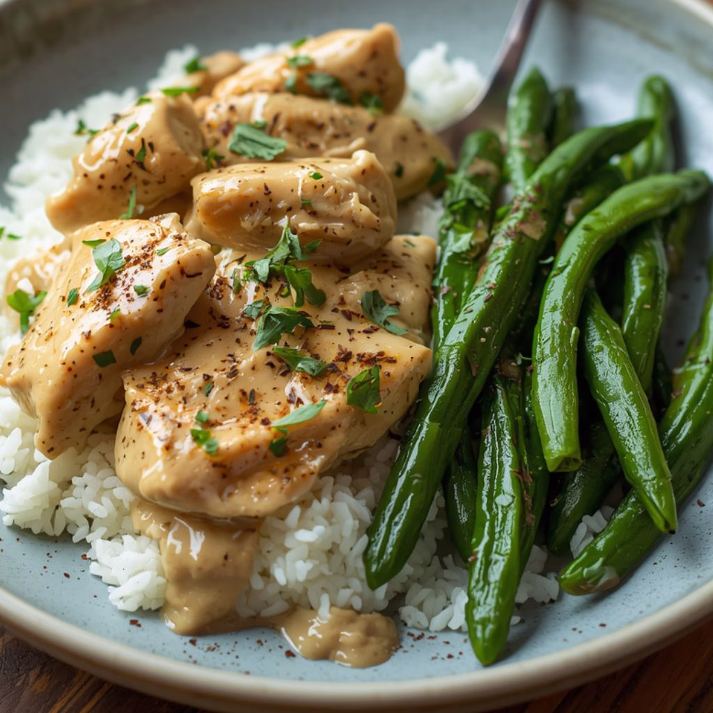 Creamy Herb Chicken with Green Beans & Steamed Rice Recipe