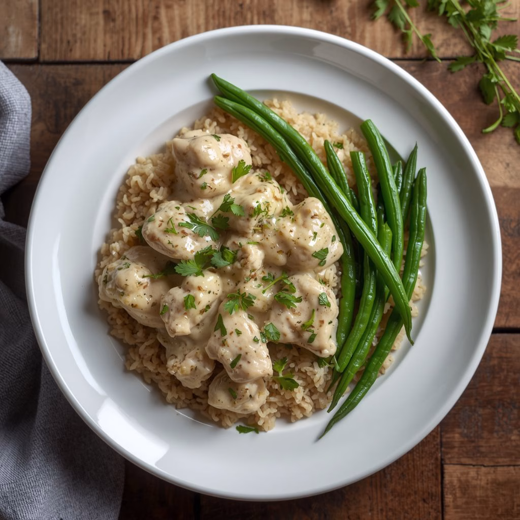 Creamy Herb Chicken with Green Beans & Steamed Rice Recipe