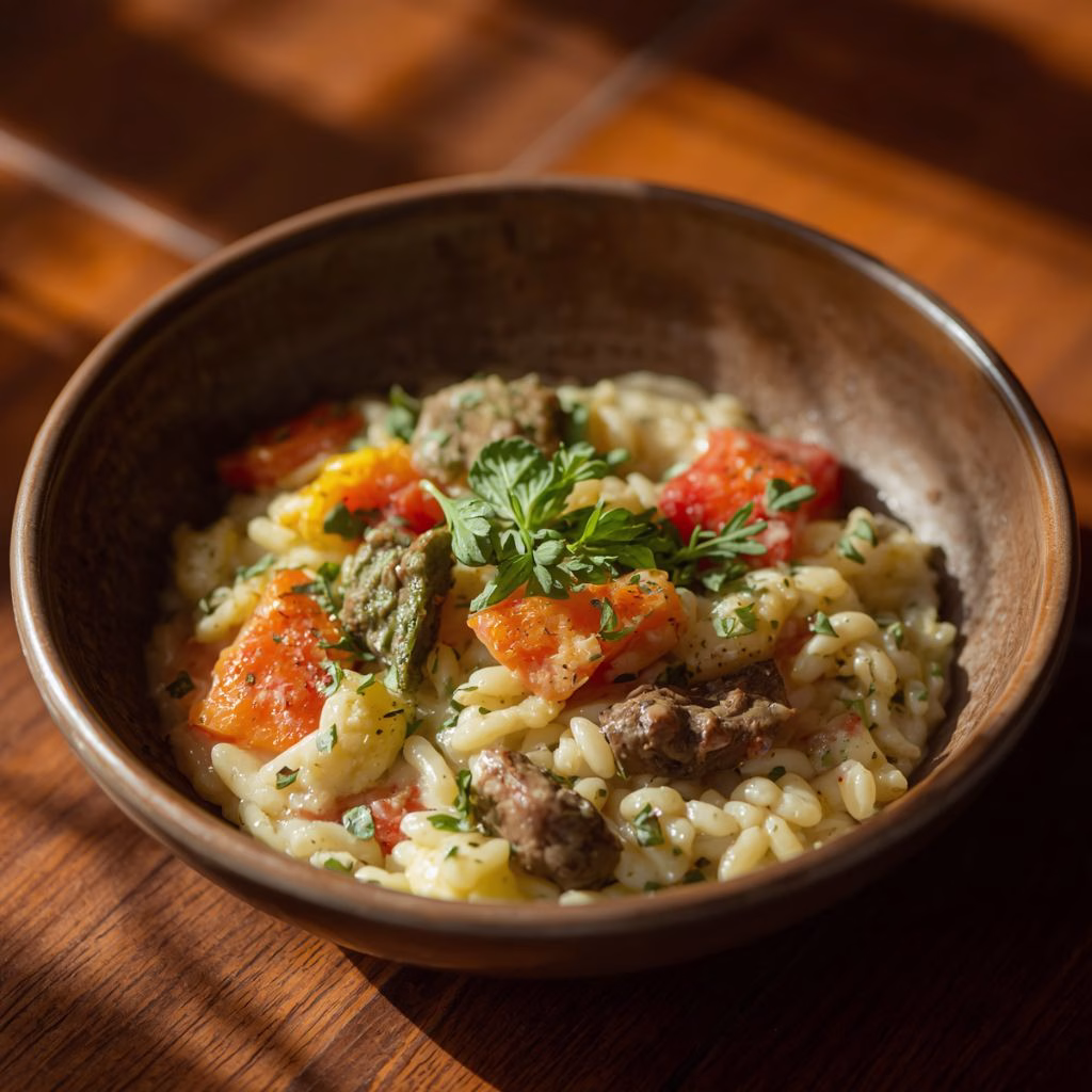 Creamy Orzo with Roasted Vegetables Recipe