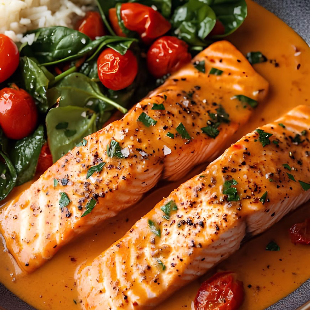 Creamy Salmon with Roasted Red Pepper Sauce Recipe